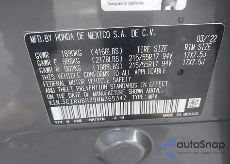 2022 Honda Hr-V Awd Lx from USA, damaged, VIN 3CZRU6H39NM765347